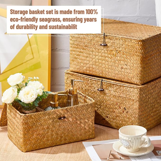6 Pcs Seagrass Basket with Lid Wicker Storage Decorative Boxes with Lids Bin Woven Organizer for Shelf Closet Bedroom, 6 Sizes(Classic Style,Yellow Brown) - Image 5