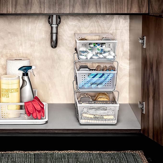 madesmart 2 Tier Organizer, Under Cabinet Storage with Pull Out Sliding Drawers, for Cleaning Supplies, Pantry, Undersink, Sponges, Bottles & Bath, Pull Out Baskets, Frost 2 PACK - Image 2