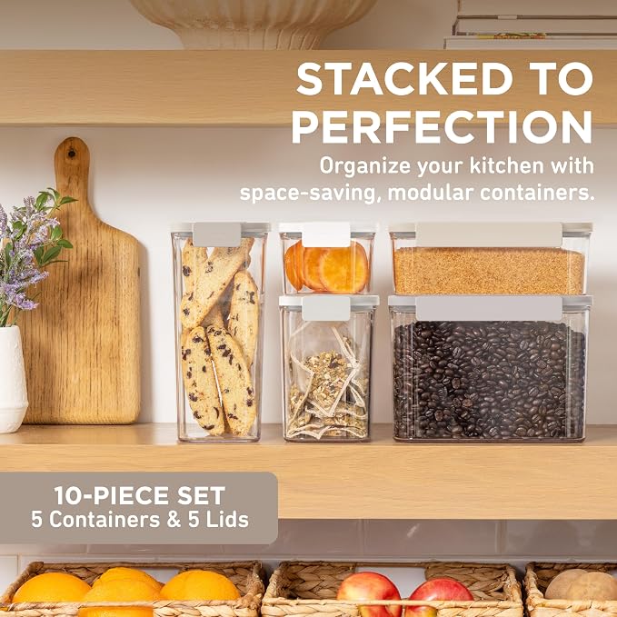 Bentgo Pantry - 10-Piece Airtight Food Storage Containers, Clear, Stackable Kitchen & Pantry Organization, Locking Lids for Freshness, BPA-Free Plastic - Ideal for Sugar, Flour, & More (White Stone) - Image 2
