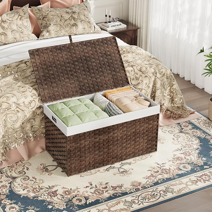 HOOBRO Storage Basket with Lid, 42.3 Gallon (160L) Wicker Basket, Handwoven Blanket Storage Basket with Handles, Metal Frame and Soft Lining, Foldable for Bedroom, Laundry Room, Brown BR216CW01 - Image 5
