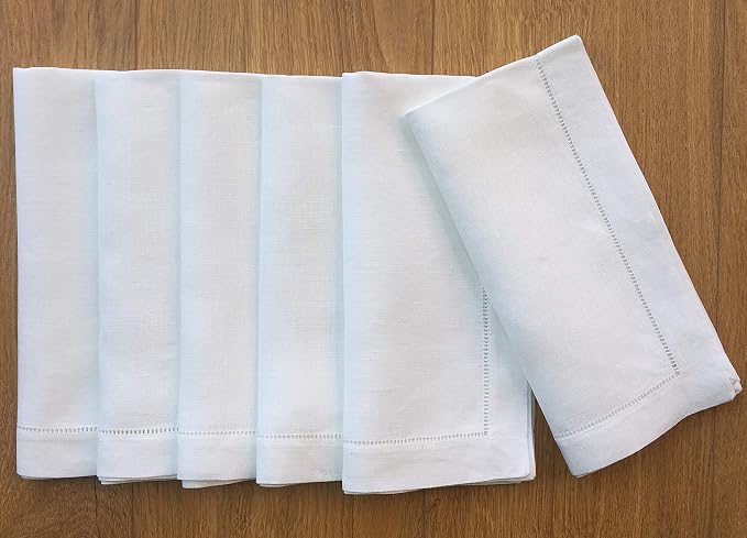 White Linen Hem Stitch Dinner Napkins - Set of 6 20"x20"-Ladder hemstitch 100% Linen Cloth Napkins by MinhcraftLinens