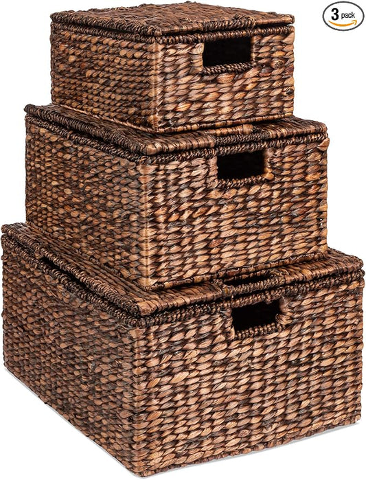 Best Choice Products Set Of 3 X-Large Multipurpose Hyacinth Storage Baskets, Handwoven Rectangular Organizer Totes for Bedroom, Living Room W/Insert Handles, Removable Lid - 21.5", 18", 15" - Brown by Unknown