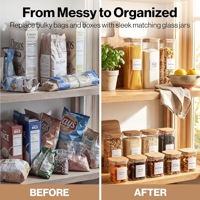 Glass Pantry Storage Jars Containers with Bamboo Lids and Labels - Set of 5 | Extra Thick Square Glass Canisters with Bamboo Wood Lids and 54 Pre-printed Pantry Labels keeps dry Goods Fresh and Organized - Image 4