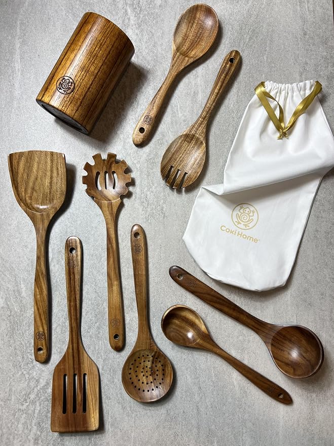 Wooden Cooking Utensils Set – Coki Home 9-Piece Teak Wood Kitchen Utensils with Holder, Nonstick Safe, Plastic-Free, Food-Safe Cooking Tools - Image 8