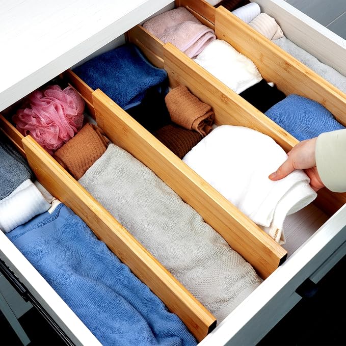 Utoplike Bamboo Drawer Dividers Large, 4" High Kitchen Drawers Organizer | Adjustable, Spring Loaded, Works in Bathroom, Bedroom, Dresser, Office, 4pcs for Clothing, Fit for 18.6"-20.6" Inner Drawer - Image 7