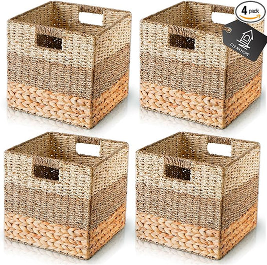 13x13 Wicker Storage Cubes, 13x13x13 Storage Cube Bins Set 4 | 13 Inch Cube Storage Bins Baskets For Shelves, Large Woven Cube Storage Bin With Handle, Foldable Square Baskets For Storage by ChiAnHome