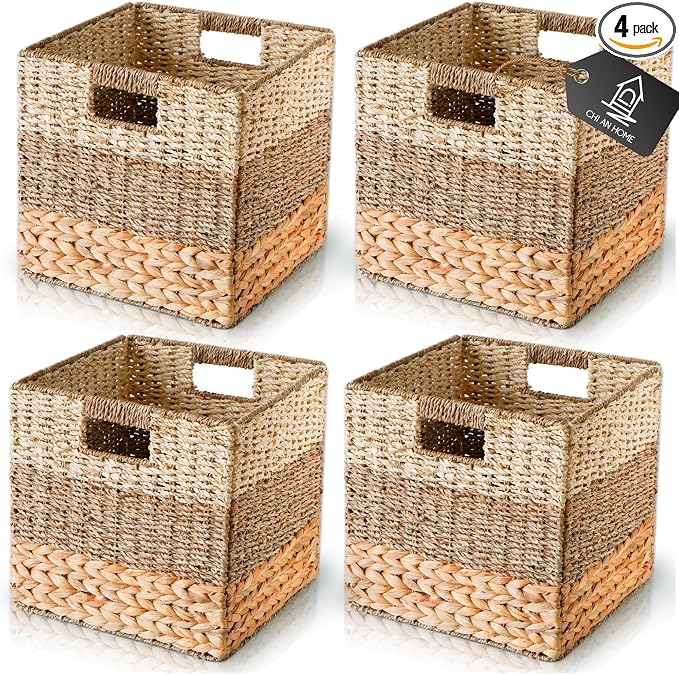 12x12 Baskets for Cube Storage, Wicker Cube Storage Bins Set 4 | 12x12x12 Storage Bins, Foldable Square Baskets For Cube Shelves, Kallax Woven Bins, Versatile Storage, Natural Water Hyacinth by ChiAnHome