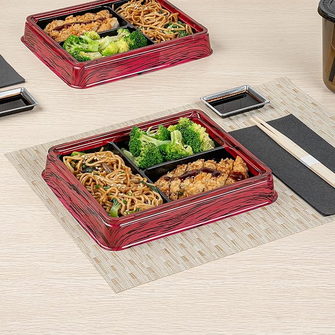 Restaurantware-Bento Tek 16.1 Ounce Meal Prep Containers, 50 Disposable To Go Food Boxes - Lids Sold Separately, 3 Compartments, Red And Black Plastic Bento Lunch Boxes, Freezable, For Take Out - Image 2