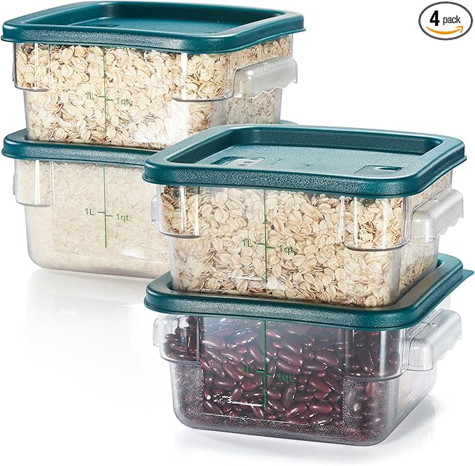 4 Pack Food Storage Container with Green Lid - NSF Listed Commercial Grade in 2.0 Qt - Square, Clear, Polycarbonate by CURTA