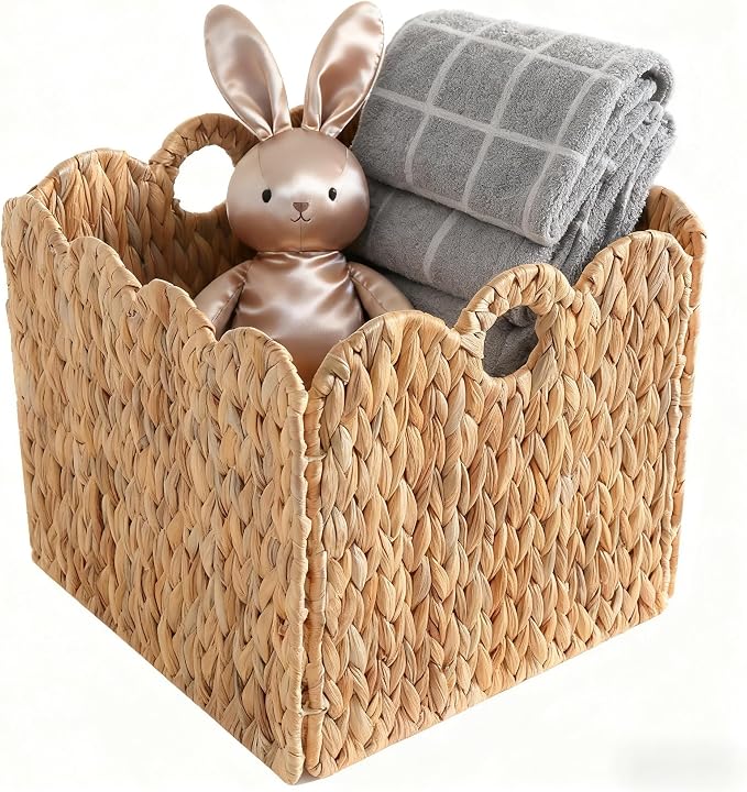 Scalloped Wicker Storage Cubes Basket, 12”x12“ Heavy Duty Paper rope/Hyacinth/Seagrass Baskets for Shelves, Foldable Natural Boho Square Bins (Water Hyacinth&10.5 x 10.5 x 10.5in&4-Pack) - Image 6