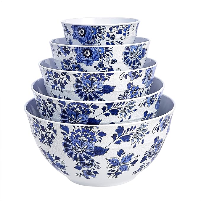 Amazon Basics Mixing Bowls with Lids, Nesting Melamine Serving Bowls, Non-Slip Base, BPA Free, Dishwasher Safe, 5 Sizes, Blue and White Floral, Set of 10 - Image 3