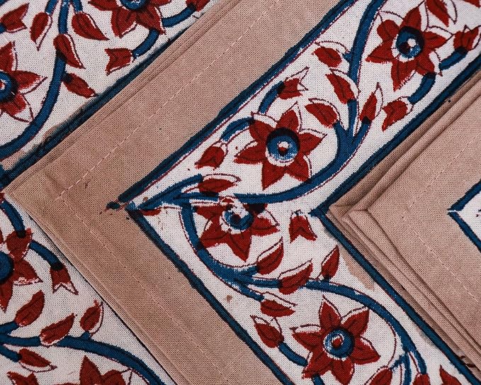 20x20 Inches Cotton Napkins Set of 4, Blue Red, Washable Hand Block Printed Reusable Cloth Napkins for Dinning, Party, Wedding, Home Decor Fall - Image 4