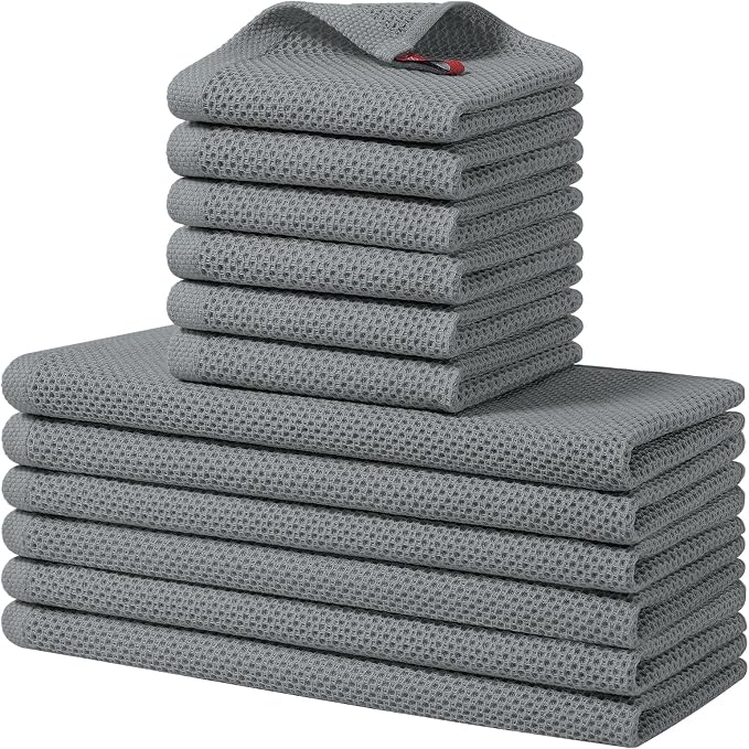Homaxy 12 Pack 100% Cotton Kitchen Towels and Dishcloths Set, Grey | 12 x 12 Inches and 13 x 28 Inches Kitchen Towels Set, Ultra Soft Absorbent Dish Cloths for Washing Dishes by Homaxy