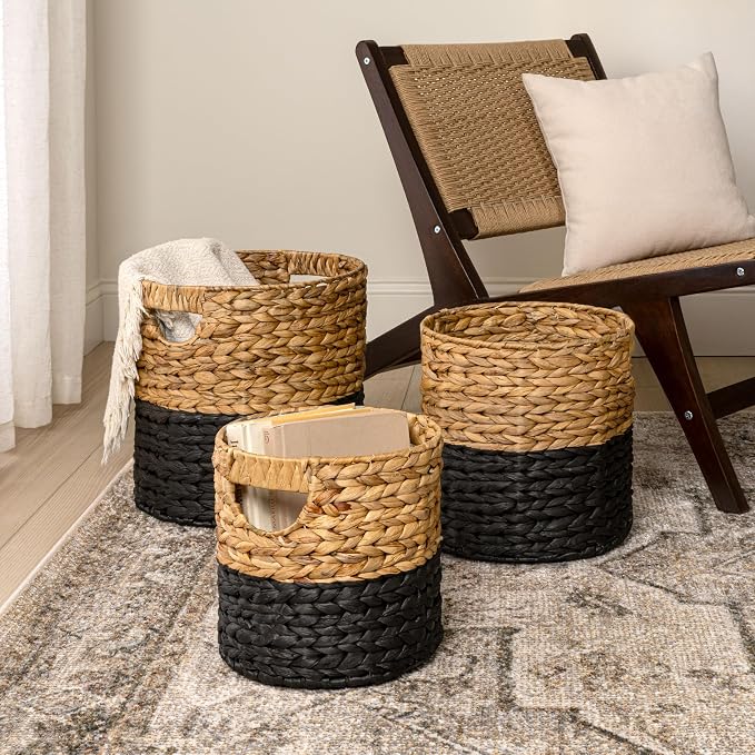 happimess Avery 3-Piece Cylinder Nesting Baskets 13", Black/Natural | Hyacinth, Bohemian Cottage Style, Handwoven Wicker, Iron Metal Frame, Decorative Storage For Toys And Books, Built In Handles - Image 2