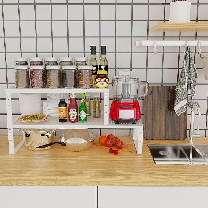 Jojocross Expandable Adjustable Stackable Kitchen Organizer, Spice Rack,Metal Pantry Storage Shelves Racks,Counter Shelf for Cabinets, Countertop, Cupboard(2 Packs/Large/White) - Image 2