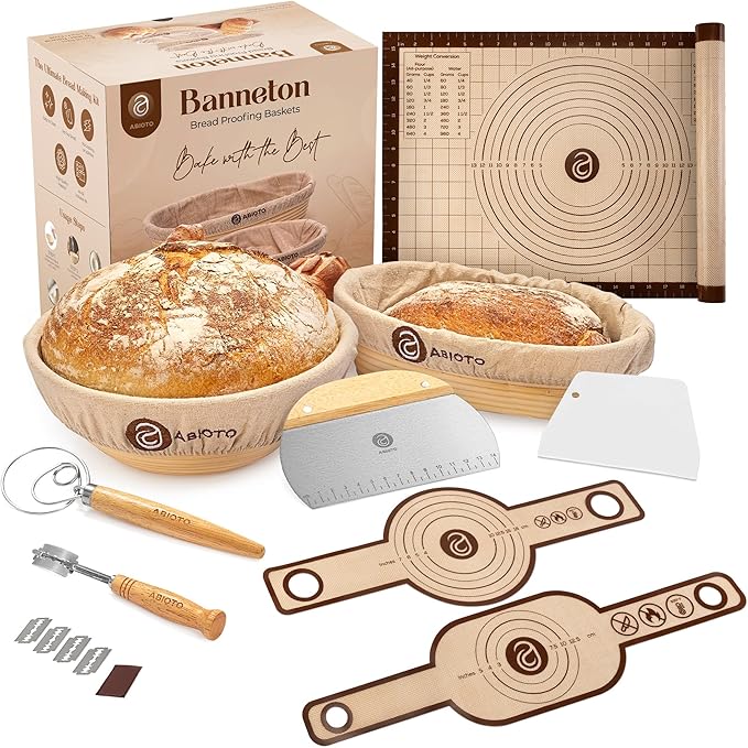 ABIOTO Banneton Baskets with Sourdough Bread Baking Supplies - 17-Piece Kit | Bread Baking Kit for Beginners - Round & Oval Sourdough Proofing Baskets, Liners, Slings, Mat, Lame, Danish Whisk, & Scrapers by ABIOTO