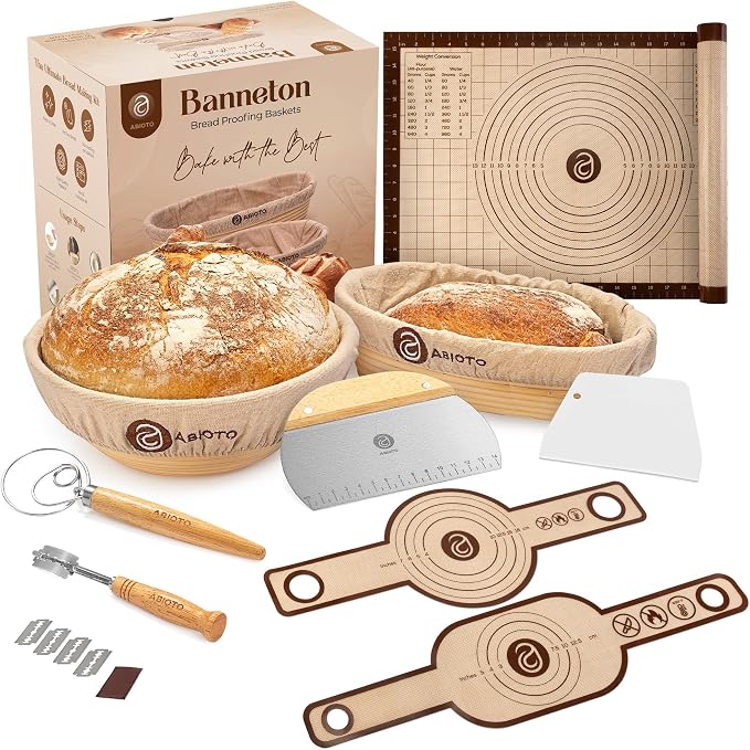 ABIOTO Banneton Baskets with Sourdough Bread Baking Supplies - 17-Piece Kit | Bread Baking Kit for Beginners - Round & Oval Sourdough Proofing Baskets, Liners, Slings, Mat, Lame, Danish Whisk, & Scrapers by ABIOTO