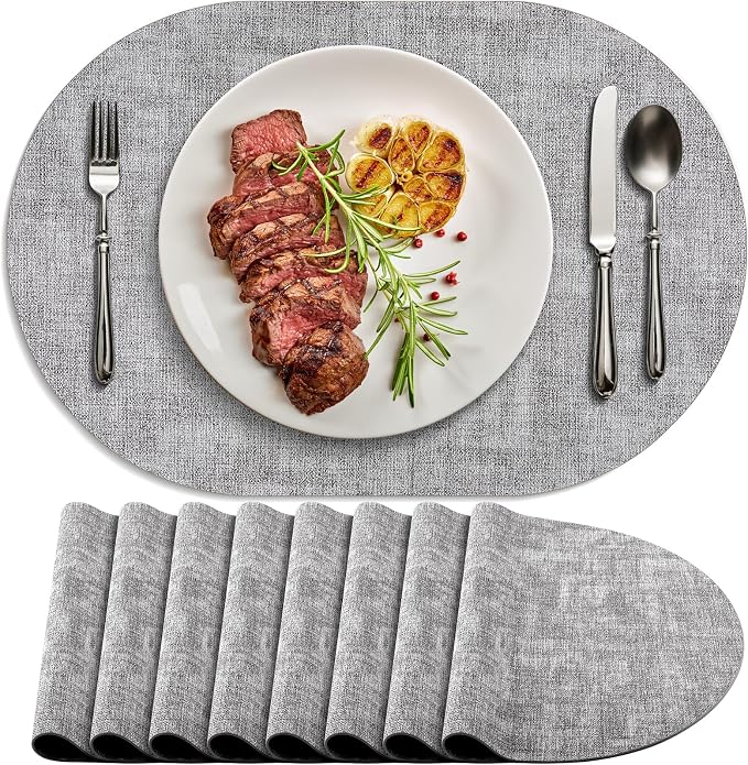 Placemats for Dining Table Set of 8 Non-Slip, Heat Resistant Leather Placemat Double Layer, Waterproof Table Mats Easy to Clean for Kitchen Dining Room Coffee Office Table, Grey by Delicateandelegantplacemats