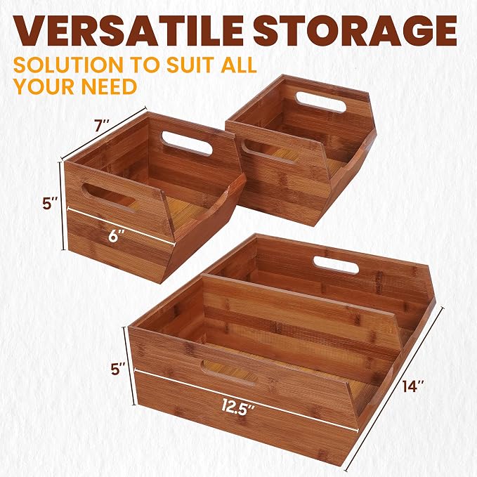 2-tier Stackable Bamboo Pantry Storage Bins, Potato & Onion Storage Baskets | Upgraded Storage Basket with Handles, Removable Divider, Pantry Organizer Holder for Kitchen, Cabinet, Fruit Storage (Walnut) - Image 3