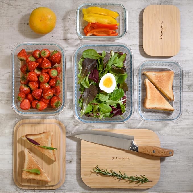 Ribbed Glass Tupperware Set with Bamboo Lids - 4 Stackable Meal Prep Containers. Durable heat resistant Inert Borosilicate Glass - Image 8