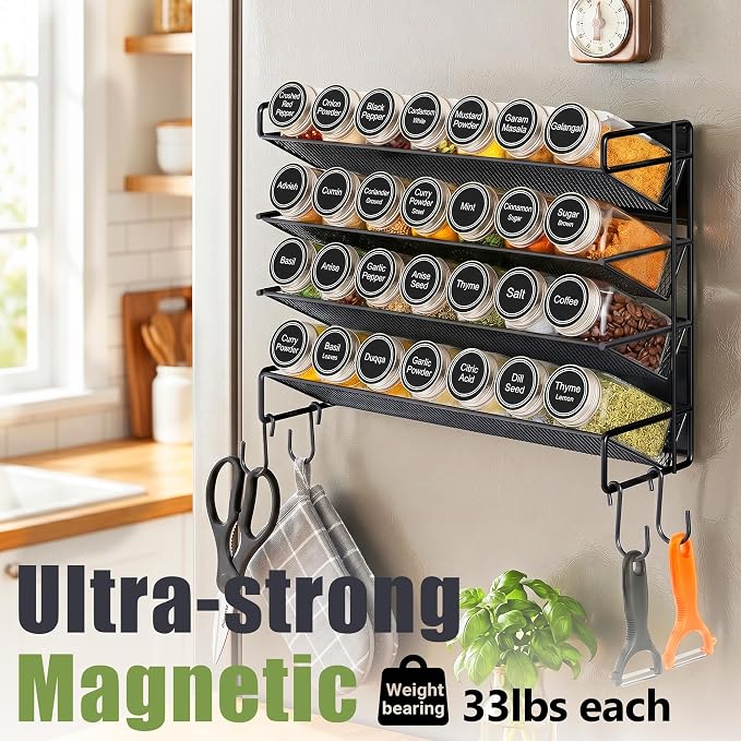 Magnetic Spice Rack Organizer for Refrigerator with 28 Spice Jars, 386 Spice Labels, 4 Hook, Chalk Marker and Funnel Set, Magnetic Shelf for Seasoning Organizer, 13.2'' W x 9.8 H, Black - Image 6