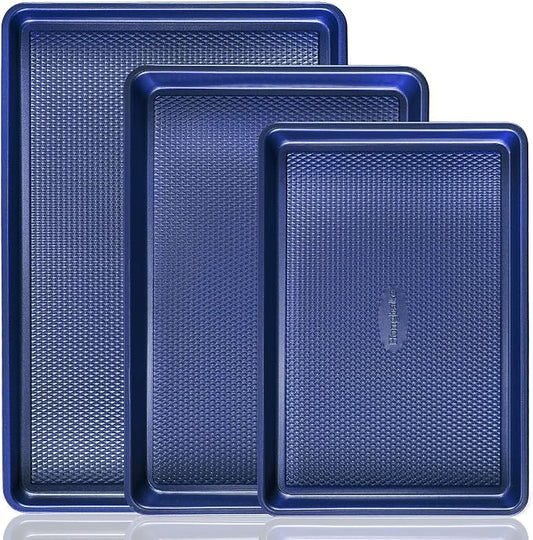 Baking Sheet Pan Set, Cookie Sheets for Oven, Nonstick Half/Quarter/Jelly Roll Pans with Diamond Texture Pattern, Heavy Duty Cookie Tray, Dark Blue by HONGBAKE