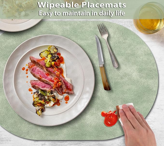 ADRIMER Placemats, Heat Resistant Oval Placemats Set of 6 Washable 12 x 17 Inch, Waterproof Table Mats, Wipeable Pu Place Mats for Kitchen, Dining Room, Green - Image 3