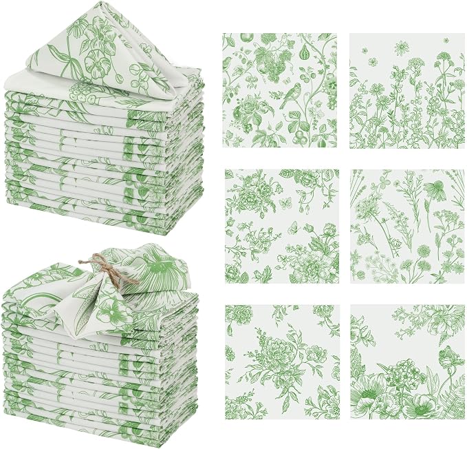 Kochorie 36 Pieces Green Floral Cloth Napkins, 18 x 18 Inch Reusable Soft Fabric Napkins, Washable Flower Dinner Cocktail Napkin for Spring Summer Tea Party Holiday Home Kitchen Wedding Restaurant by Kochorie