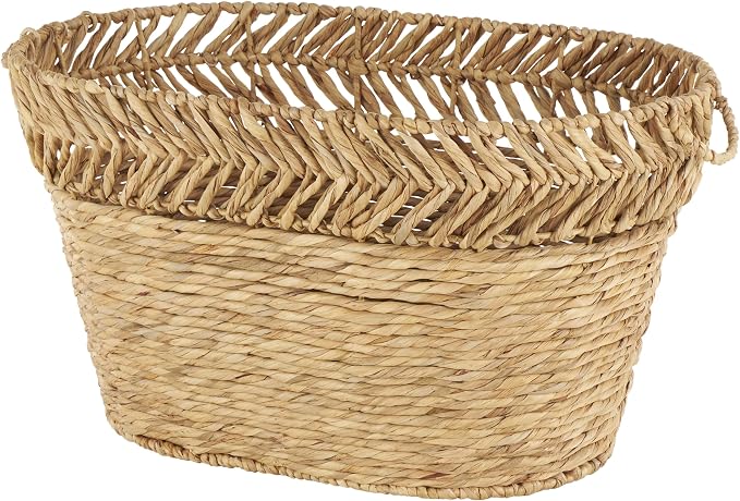 Deco 79 Seagrass Handmade Decorative and Functional Storage Basket Large Woven Oval Basket Organizer with Zig Zag Patterned Rim, Basket for Storage 30" x 20" x 17", Brown by Deco79
