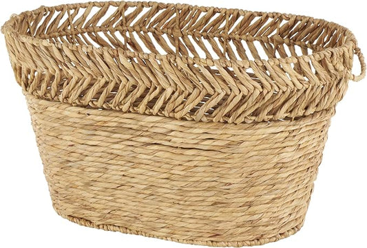 Deco 79 Seagrass Handmade Decorative and Functional Storage Basket Large Woven Oval Basket Organizer with Zig Zag Patterned Rim, Basket for Storage 30" x 20" x 17", Brown by Deco79