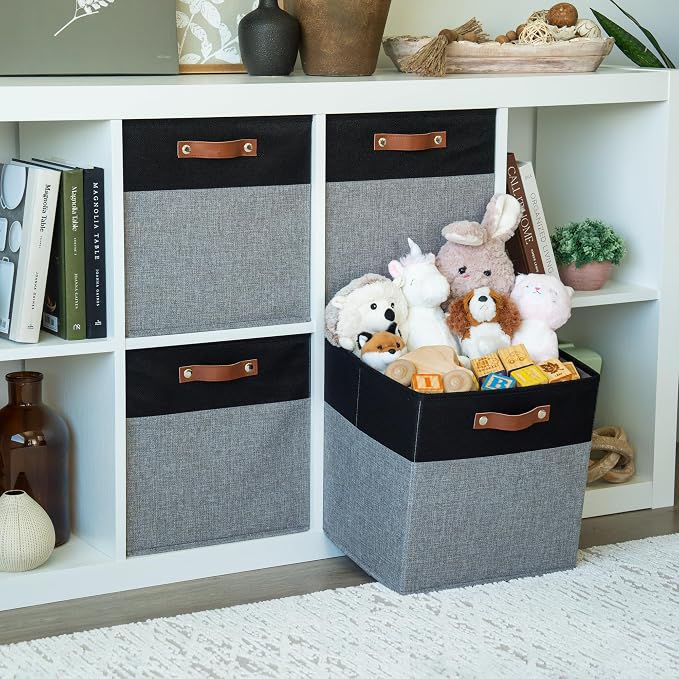 OrganiHaus 13x13 Cube Storage Bins, Set of 4 - Fabric Storage Cubes | Sturdy, holds its shape; odor-free; fits IKEA Kallax and Expedit; vegan leather handles - Image 3