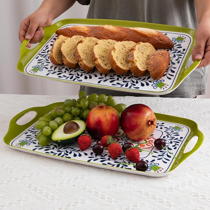 Large Serving Platter with Handles,19”x12”Large Rectangular Melamine Serving Tray Set of 2, Kitchen Food and BBQ Serving Platter, Talavera Grilling Prep and Serve Tray, Dishwasher Safe - Image 3