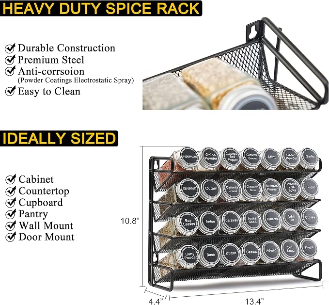 SpaceAid Spice Rack Organizer with 28 Spice Jars, 386 Spice Labels, Chalk Marker and Funnel Set for Cabinet, Countertop, Pantry, Cupboard or Door & Wall Mount - 28 Jars, 13.4" W × 10.8" H, Black - Image 3