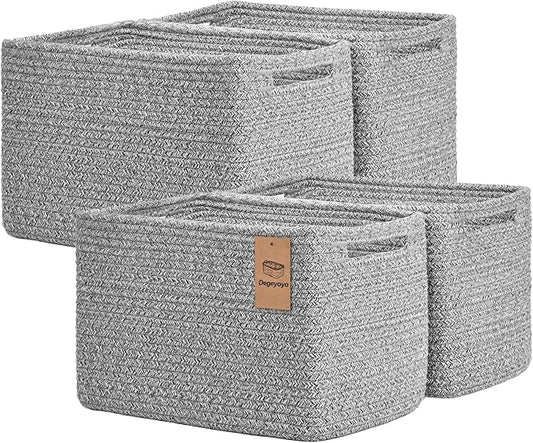 Storage Baskets for Organizing, 4 Pack Baskets for Shelves, Decorative Storage Bins for Shelves, Cotton Rope Storage Basket with Handles, Woven Basket for Storage, 13''Lx8.7''Wx7.9''H, Gray by Degeyoyo