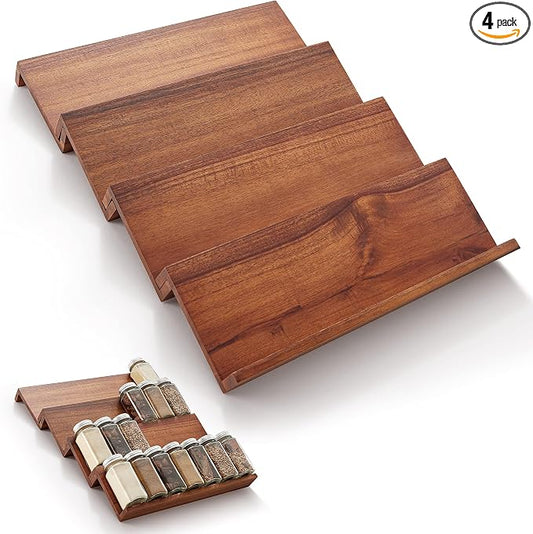 Tinamo Acacia Wooden Spice Rack Organizer for Cabinet - Spice Drawer Insert, Spice Organization for Cabinet, Seasoning Organizer, Spice Holder Pack of 4 (Acacia pack 4) | Acacia Wood Construction, No assembly Required, Stackable 4-tray Design, Spacious... by TINAMO