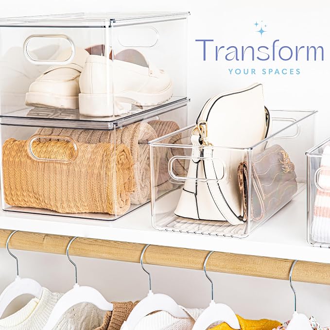 Plastic Food Storage 2 Pack Clear Container Bin with Handles for Organizing Kitchen, Pantry, Refrigerator, Freezer, Pantry, Cabinet, Closet, Bathroom. 16”x6”x5” - Image 5
