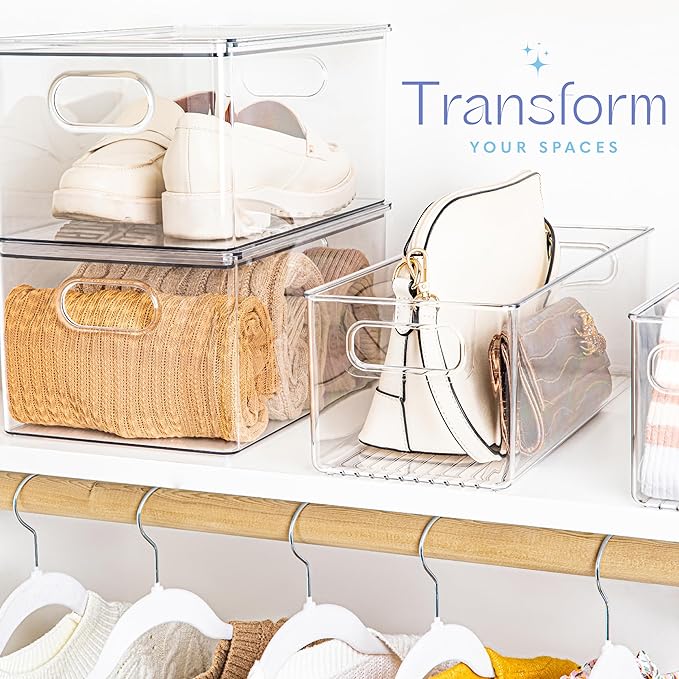 Plastic Food Storage 6 Pack Clear Container Bin with Handles for Organizing Kitchen, Pantry, Refrigerator, Freezer, Pantry, Cabinet, Closet, Bathroom. 16”x6”x5” - Image 5