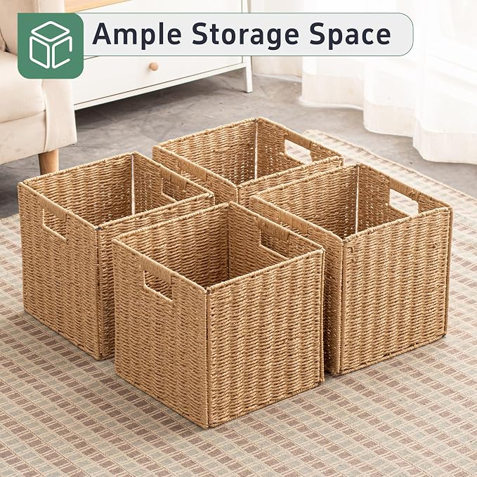 11x11x11 Cube Storage Bins Set of 4, Paper Rope Hand Woven Storage Basket with Handles, Collapsible Square Storage Cubes for Shelves, Wicker Shelf Baskets for Living Room Bedroom Organizing, Natural - Image 5