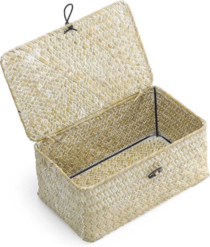 Nonam Small Basket with Lid, Natural Seagrass Bin with Lid, Shelf Baskets Multipurpose Container for Boho Decoration, Rectangular Household Storage Boxes for Home Organization-White by Unknown