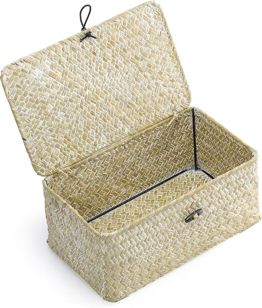 Nonam Small Basket with Lid, Natural Seagrass Bin with Lid, Shelf Baskets Multipurpose Container for Boho Decoration, Rectangular Household Storage Boxes for Home Organization-White by Unknown