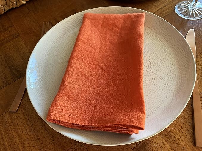 Linen Napkins –100% French Flax – Stonewashed Pure Linen Cloth Napkins - Size 18 Inch x 18 Inch – Set of 4 (Sunset Orange) - Image 4