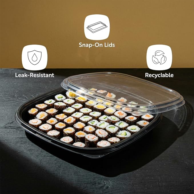Restaurantware Plastic Sushi Trays 100 Pack of 12.6 x 12.6 x 1.77 Inch With Clear Lids Leak-Resistant Sushi Take Out Boxes Stackable Containers For Grab-And-Go - Image 4