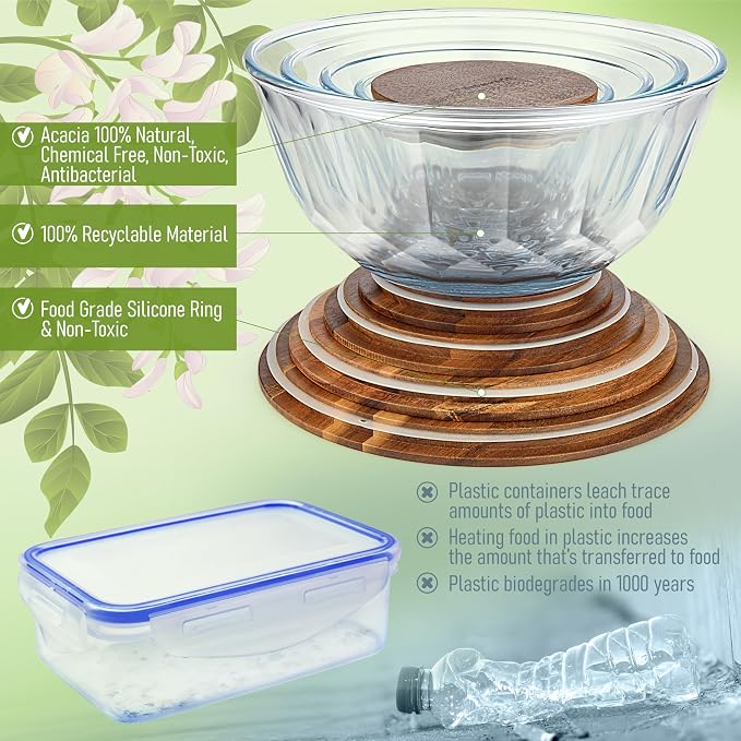 Large Stackable Set of 5 Nesting Glass Bowls with Acacia Lids for Foodprep, Storage, Baking, Sourdough Mixing & Cooking. Microwave & Oven Safe Heat Resistant Inert Borosilicate Glass - Image 7
