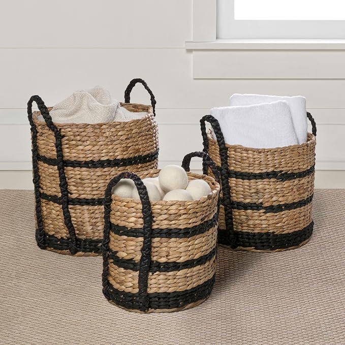 happimess Willow 3-Piece Nesting Hyacinth Baskets 19", Natural/Black | Handwoven, Rustic Cottage Stripe, Integrated Side Handles, Decorative Storage Containers, Living Room, Bedroom - Image 5