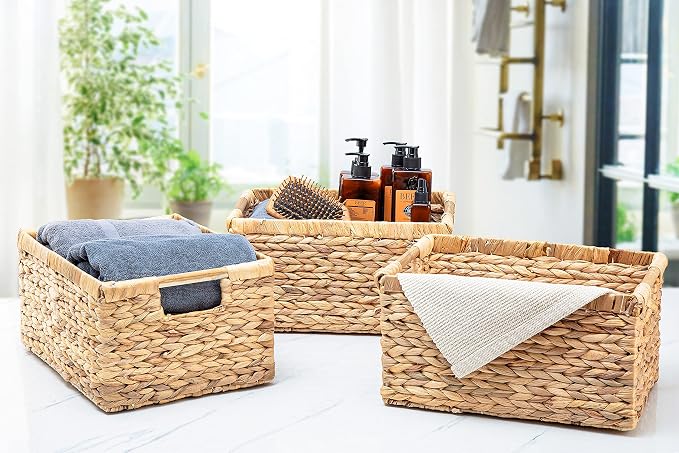 Large Wicker Basket Rectangular with Wooden Handles for Shelves, Water Hyacinth Basket Storage, Natural Baskets for Organizing, Wicker Baskets for Storage 14.5 x 10.3 x 7.5 inches - 3 Pack - Image 7