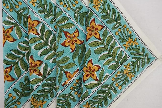 14x14 Inches Cotton Napkins Set of 4, Yellow Green, Washable Hand Block Printed Reusable Cloth Napkins for Dinning, Party, Wedding, Home Decor Fall - Image 9