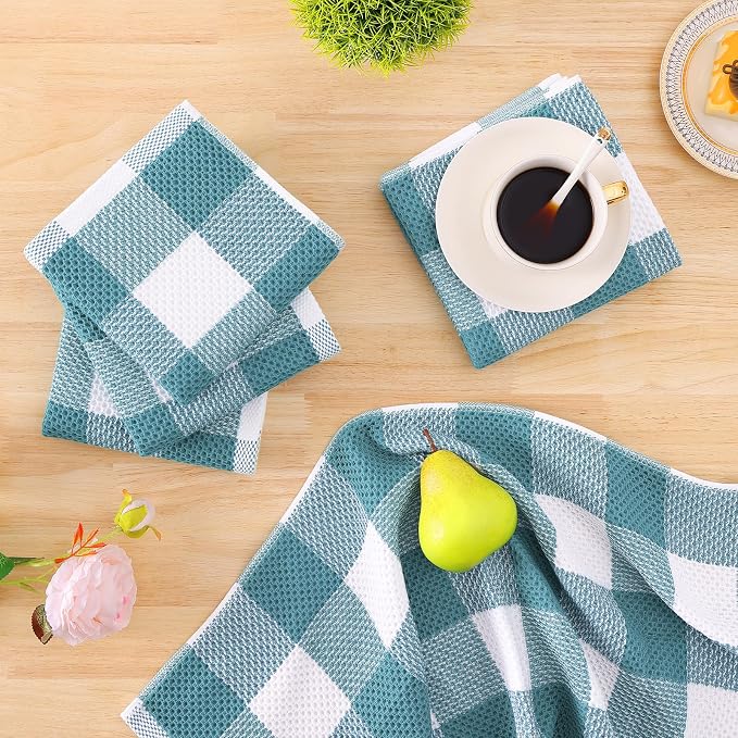 Homaxy Kitchen Towels and Dishcloths Set, Set of 10, White & Lake Blue | Bulk Cotton Waffle Weave Check Plaid Kitchen Towels, Super Soft and Absorbent Dish Cloths, 12 x 12 and 13 x 28 Inches - Image 7