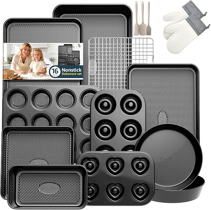 16-Piece Baking Pan Set, Nonstick Bakeware Set with Rack, Baking Sheet Set | Baking Sets with Oven Mitts, Donut Pan, and Heart Pan, Stackable Carbon Steel Baking Set with Kitchen Utensils, Black by SlowSLog