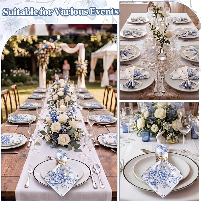 24 Pcs Floral Cloth Napkins 6 Patterns Washable Dinner Tea Party Napkins Reusable Plant Flowers Square Napkin Cotton Towel Decorative for Summer Wildflower Party(Blue Floral) - Image 3
