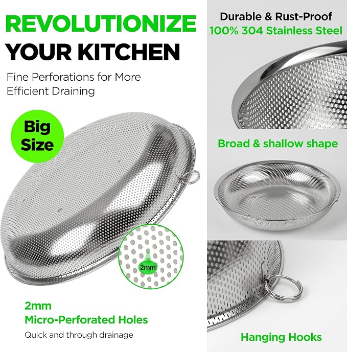 Premium 18/8 304 Stainless Steel Large Colander Set of 3, Comfortable Micro-Perforated Shallow Strainers, 5.5-7-10 Quart Tray Set, Self-Draining Solid Base for Pasta, Fruits, Vegetables - Image 3